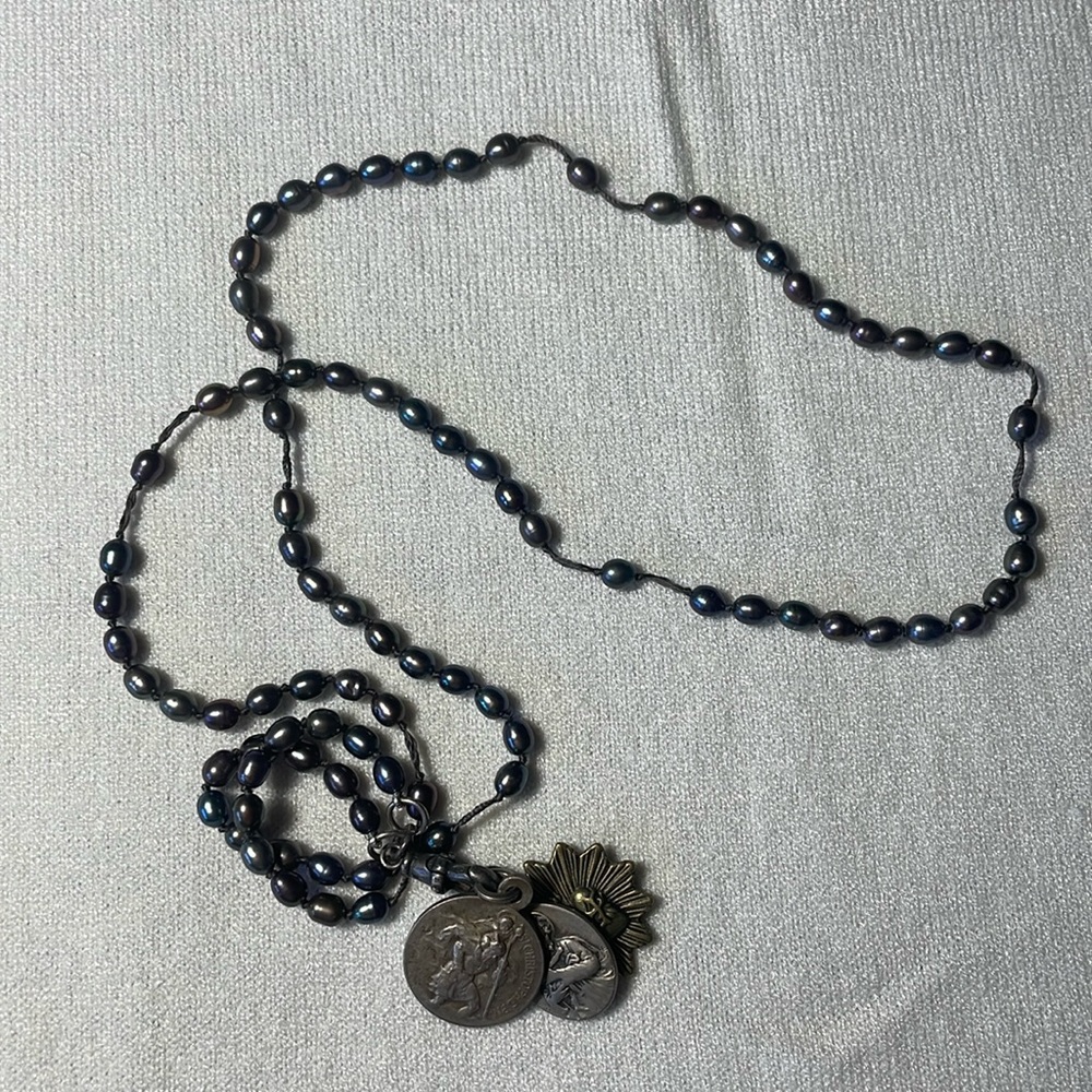 Miracle Icons Rosary Necklace 24 inch Black Pearls